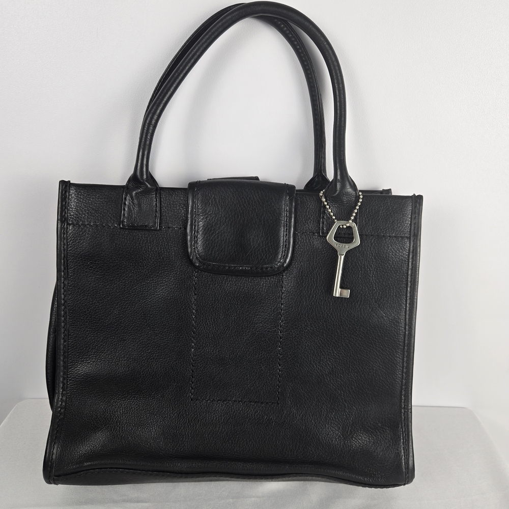 Fossil Vintage Y2K Black Leather Top Handle Bag Purse Snap Closure Pockets Key